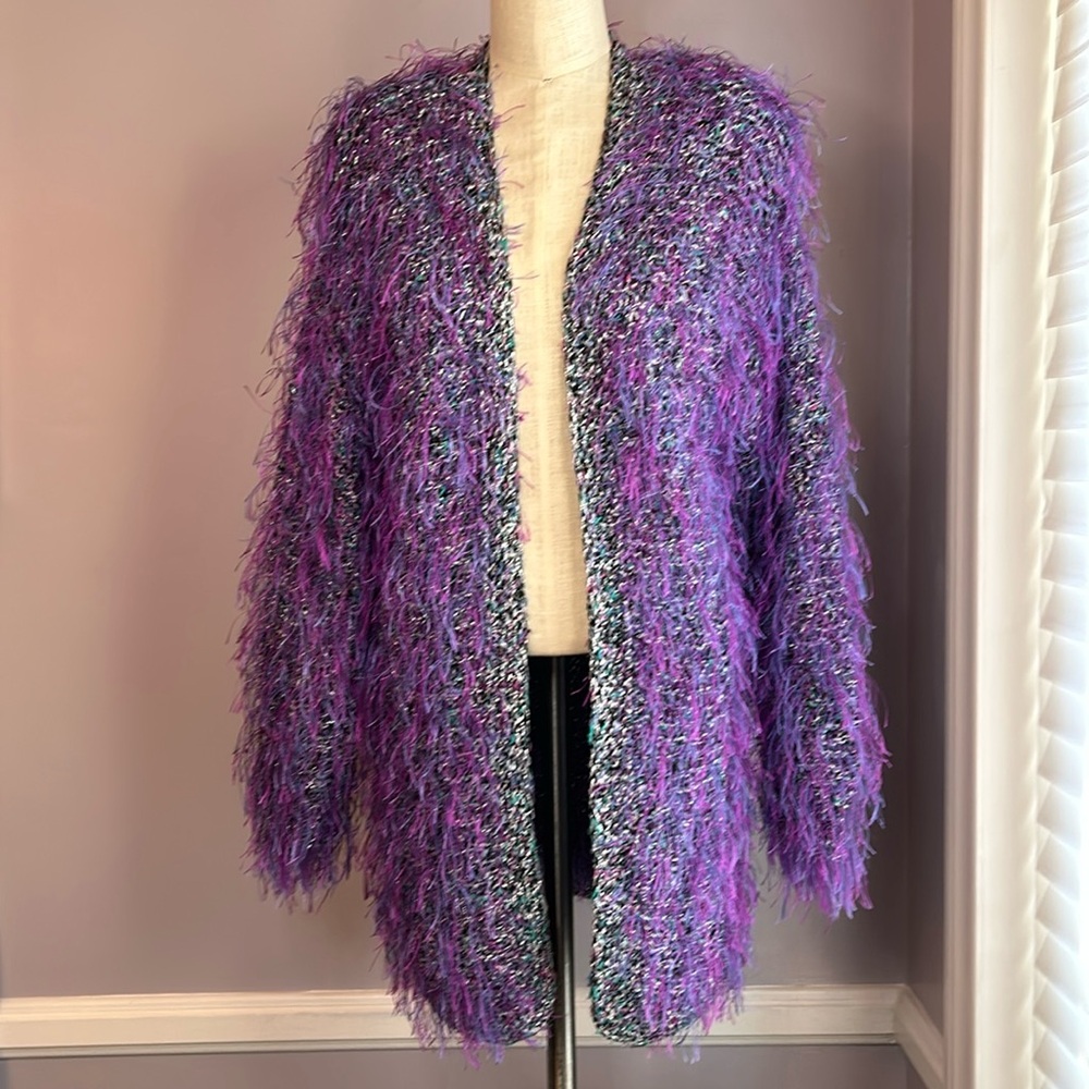 VTG handmade crochet cardigan Italian purple eyelash and metallic yarn size M